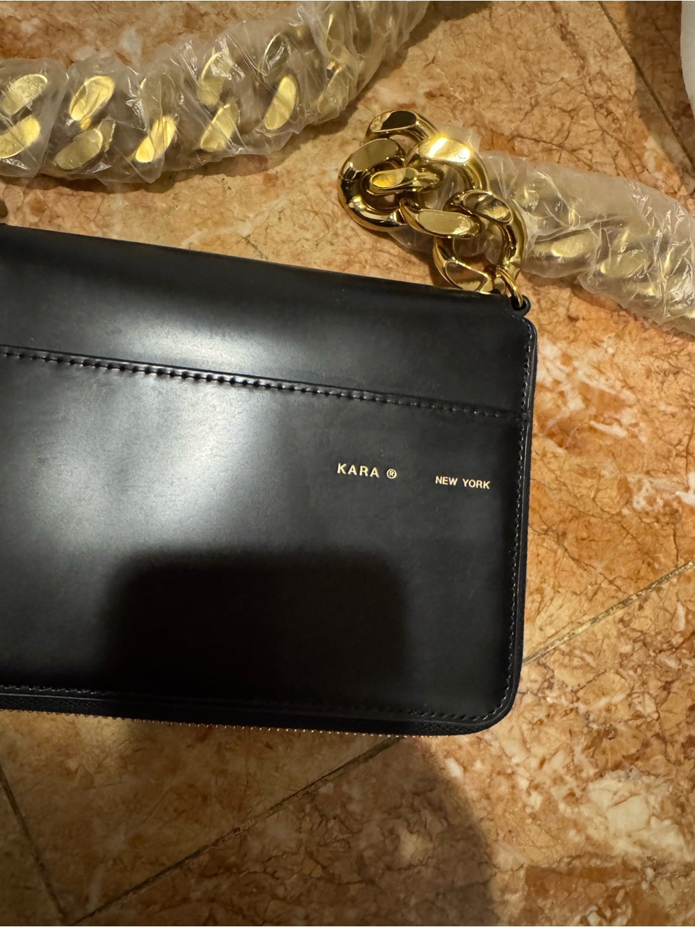 KARA New York Black Leather Crossbody with Gold Chain - NEVER USED - Picture 3 of 5